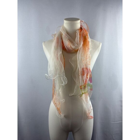 Women’s 100% Silk Orange, White, & Green Ruffled Scarf - Picture 4 of 5